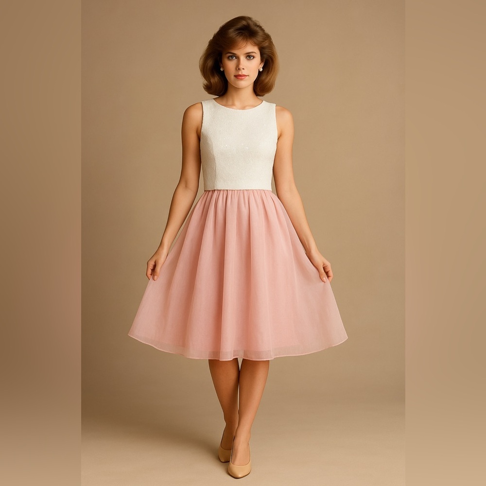 Vintage princess dress organza pink‎ fit and flare with white sequin top